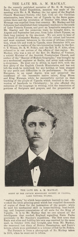 The late Mr A M Mackay, Agent of the Church Missionary Society in Uganda, Lake Victoria Nyanza by English Photographer