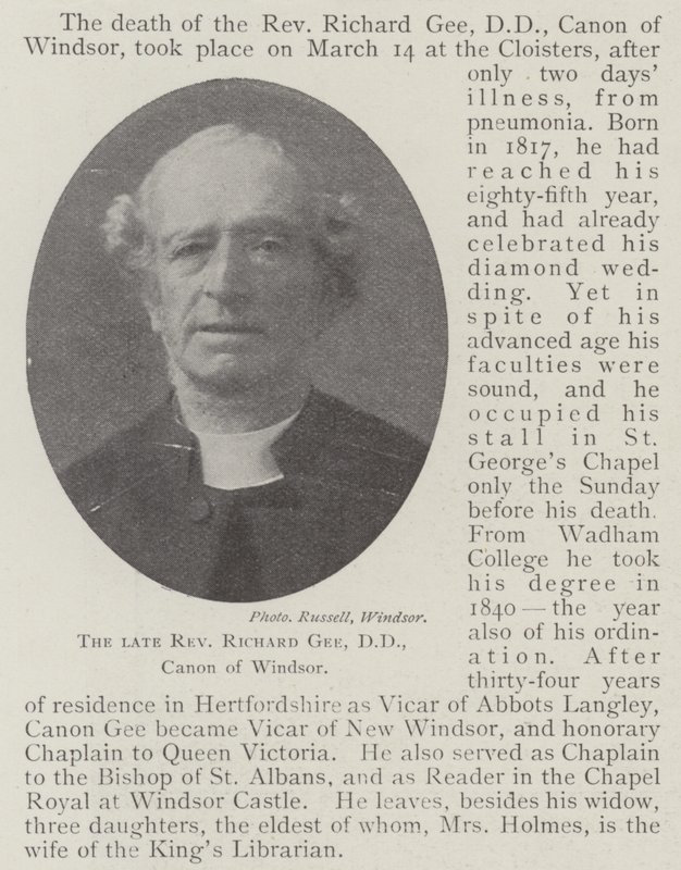 The late Reverend Richard Gee, DD, Canon of Windsor by English Photographer