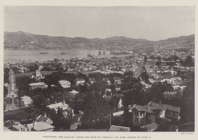 Wellington, New Zealand, where the Duke of Cornwall and York arrives on 18 June by English Photographer