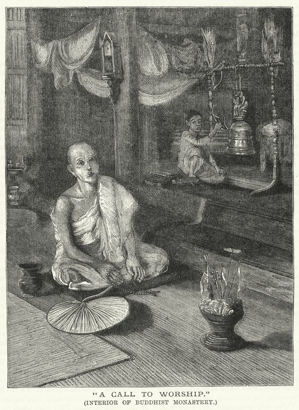 A Call to Worship, Interior of Buddhist Monastery by English School
