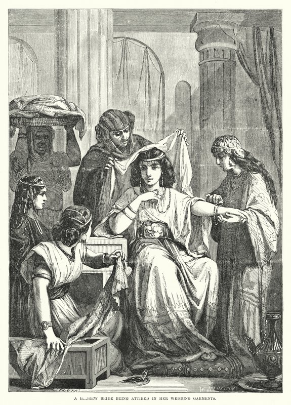 A Hebrew Bride Being Attired in Her Wedding Garments (engraving) by English School