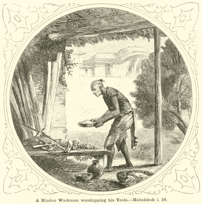 A Hindoo Workman worshipping his Tools by English School