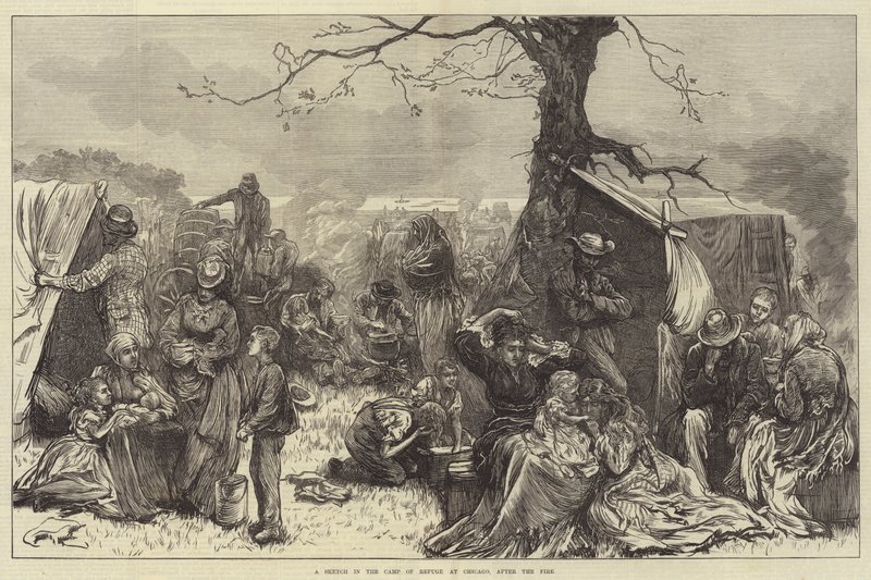 A Sketch in the Camp of Refuge at Chicago, after the Fire by English School