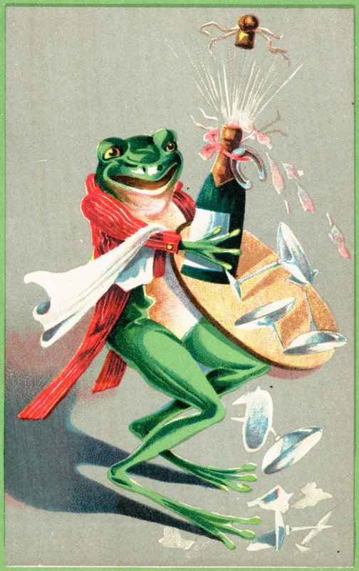 A Frog Carrying a Tray with Glasses and a Champagne Bottle by English School