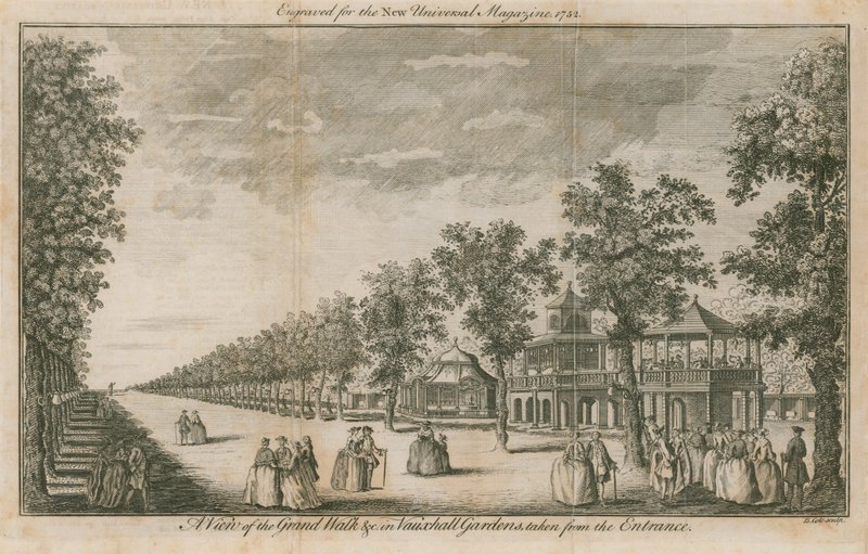 A view of the Grand Walk in Vauxhall Gardens, London, taken from the entrance by English School