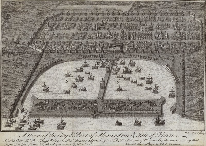 A View of the City and Port of Alexandria and Isle of Pharos, Egypt, 1738 by English School