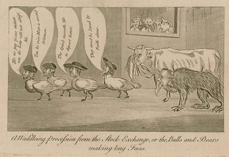 A Waddling Procession from the Stock Exchange, or the Bulls and Bears Making Long Faces by English School