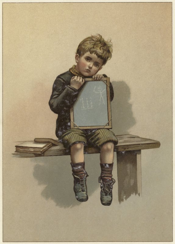 A Young Boy Sits Crying as He Rests His Chin on a Chalkboard by English School