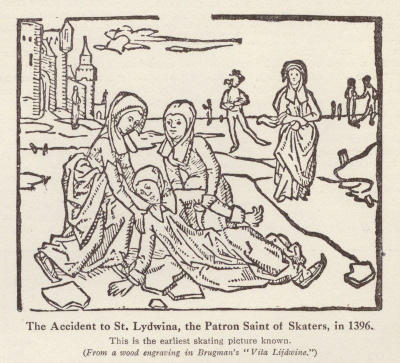 Accident to St Lydwina, patron saint of skaters, in 1396 by English School