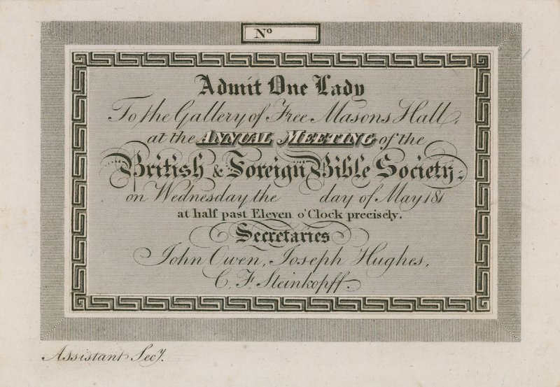 Admission ticket for the Annual Foreign Bible Society at Freemasons Hall by English School