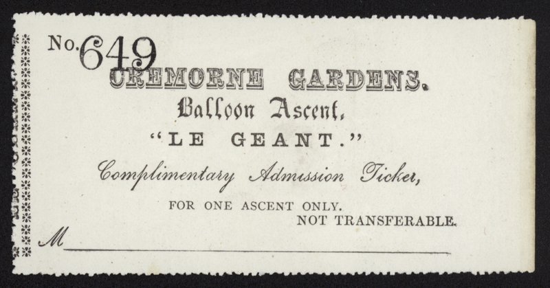Admission ticket for the ascent of the balloon Le Geant from Cremorne Gardens, London by English School