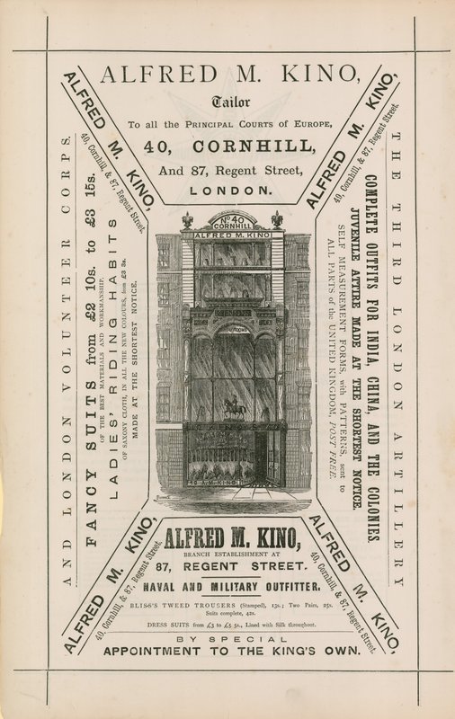 Advert for Alfred M Kino, tailor, 40 Cornhill and 87 Regent Street, London by English School