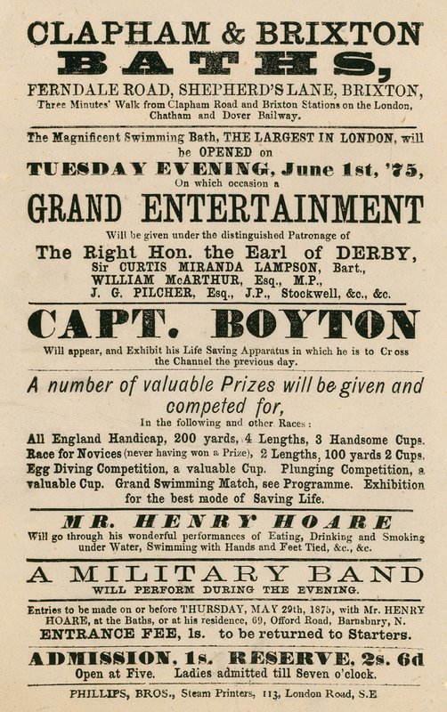 Advert for Clapham and Brixton Baths, Ferndale Road, Shepherds Lane, Brixton, London; featuring Captain Boyton by English School