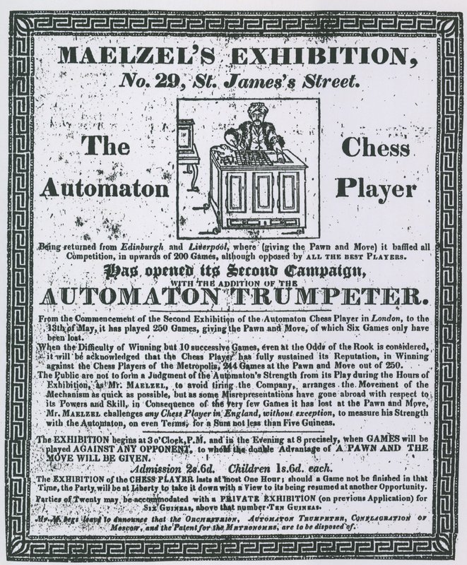 Advert for Maelzels Exhibition, 29 St Jamess Street by English School