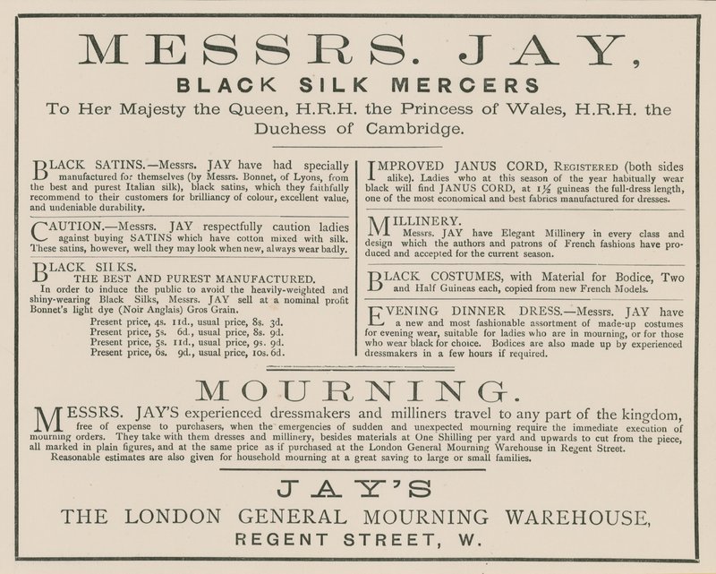 Advert for Messrs Jay, The London General Mourning Warehouse, Regent Street by English School
