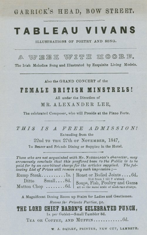 Advert for Tableau Vivans, illustrations of poetry and song, Garrick