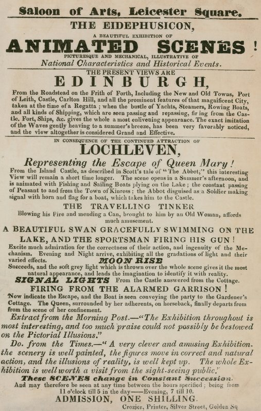 Advert for The Eidephusicon, an exhibition of animated scenes, picturesque and mechanical by English School