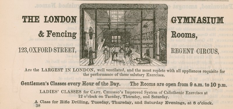 Advert for The London Gymnasium & Fencing Rooms, 123 Oxford Street, Regent Circus by English School