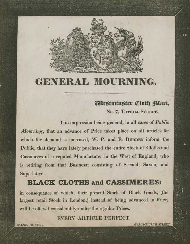 Advert for W. P. and E. Dudden, Westminster Cloth Mart, 7 Tothill Street by English School