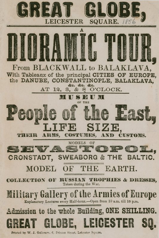 Advert for a Dioramic Tour from Blackwall to Balaklava, with tableaux of the principal cities of Europe by English School