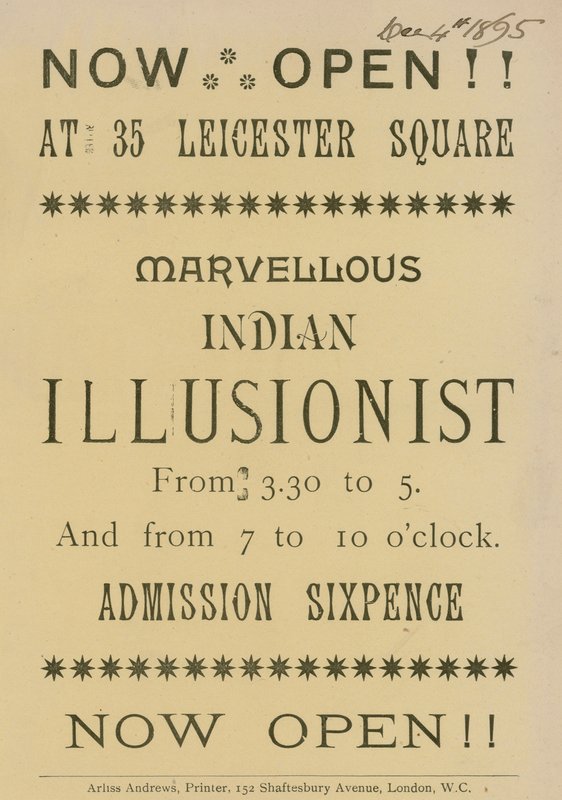 Advert for an Indian Illusionist Appearing at 35 Leicester Square, London by English School