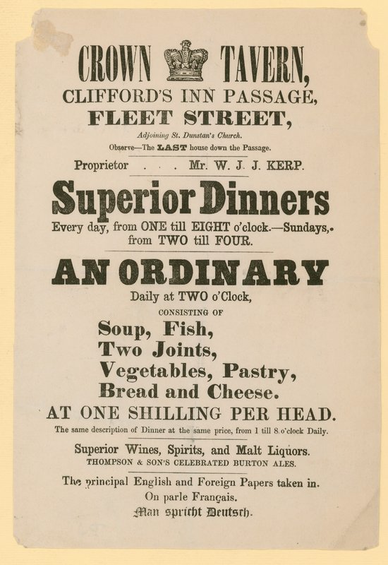 Advert for the Crown Tavern, Cliffords Inn Passage, Fleet Street, London by English School
