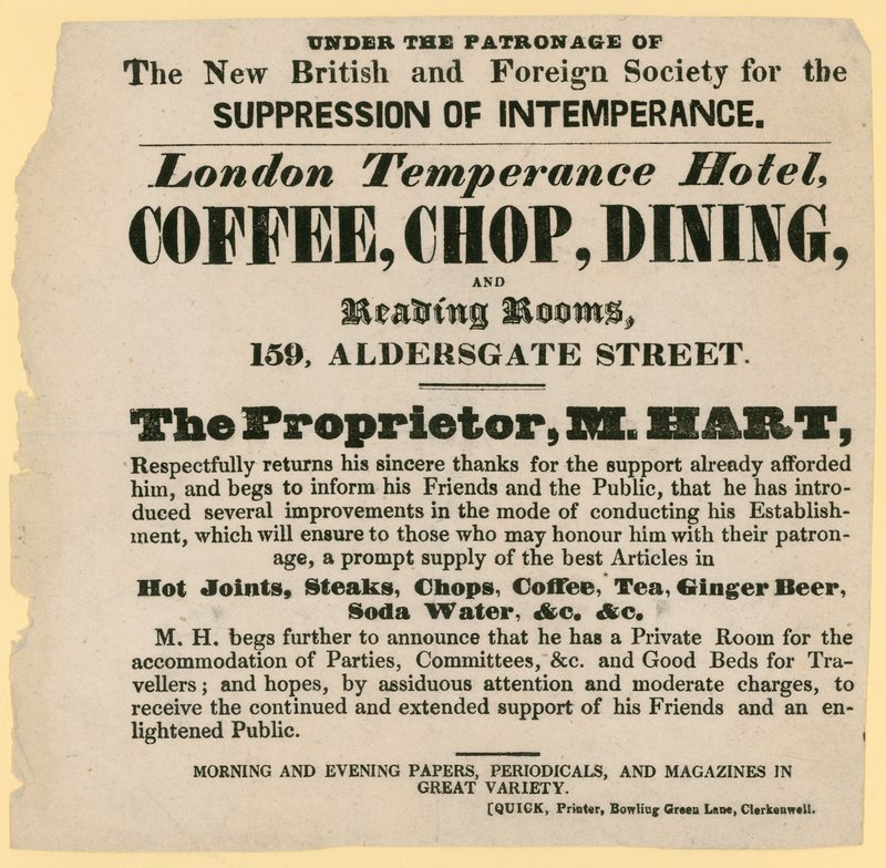 Advert for the London Temperance Hotel, under the patronage of the New British and Foreign Society for the Suppression of Intemperance by English School