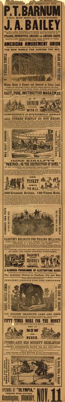 Advert for the appearance of P T Barnum and J A Bailey