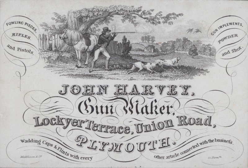 Advertisement for John Harvey, Gun Maker, Plymouth, Devon by English School