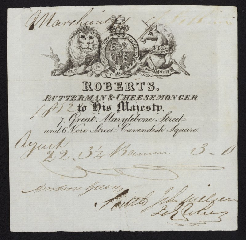Advertisement for Roberts, butterman and cheesemonger, London by English School