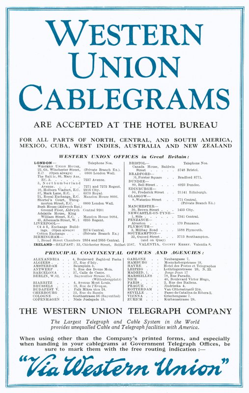Advertisement for Western Union Cablegrams (colour litho) by English School