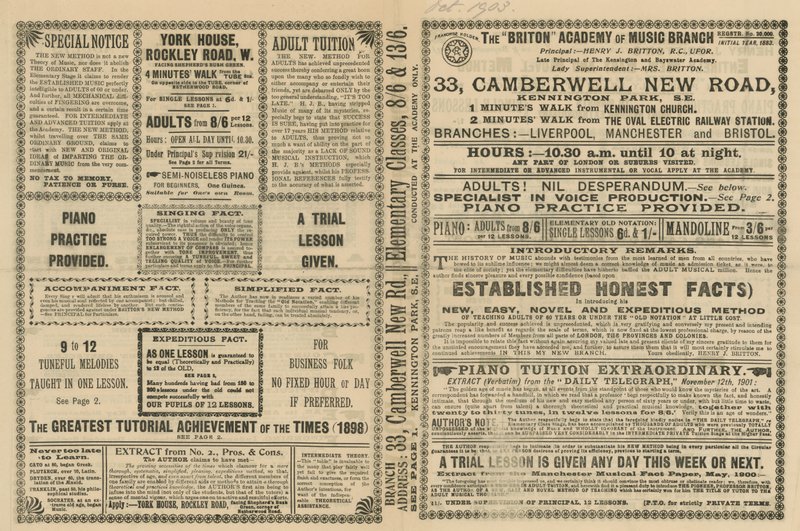 Advertisement for a variety of musical practices by English School
