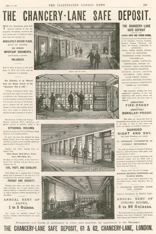 Advertising for the Chancery Lane Safe Deposit, 61-62 Chancery Lane, London by English School