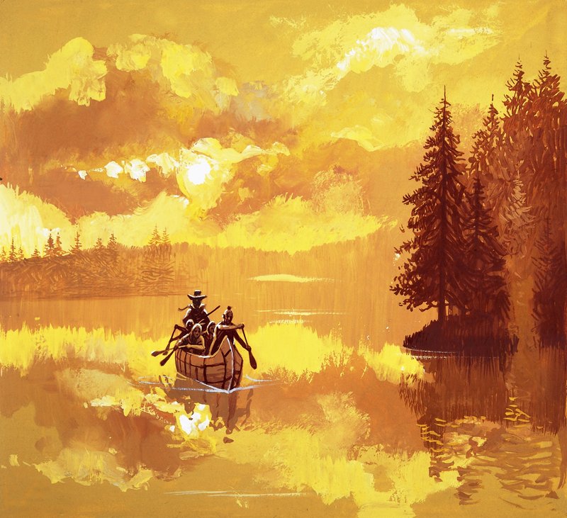 American Indians transporting a white man in a canoe by English School