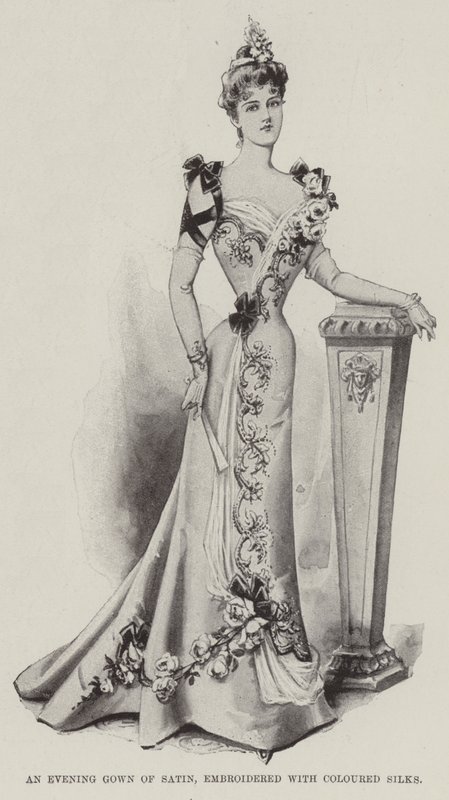 An Evening Gown of Satin, embroidered with Coloured Silks by English School