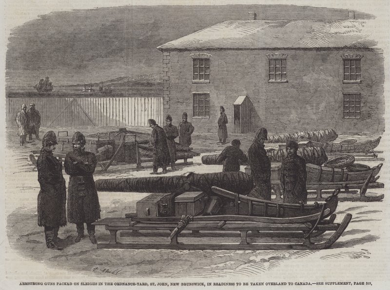 Armstrong Guns packed on Sleighs in the Ordnance-Yard, St John, New Brunswick, in Readiness to be taken overland to Canada by English School