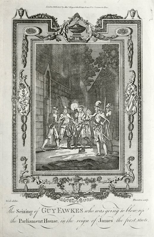 Arrest of Guy Fawkes for attempting to blow up the Houses of Parliament in the Gunpowder Plot, 5 November 1605 by English School