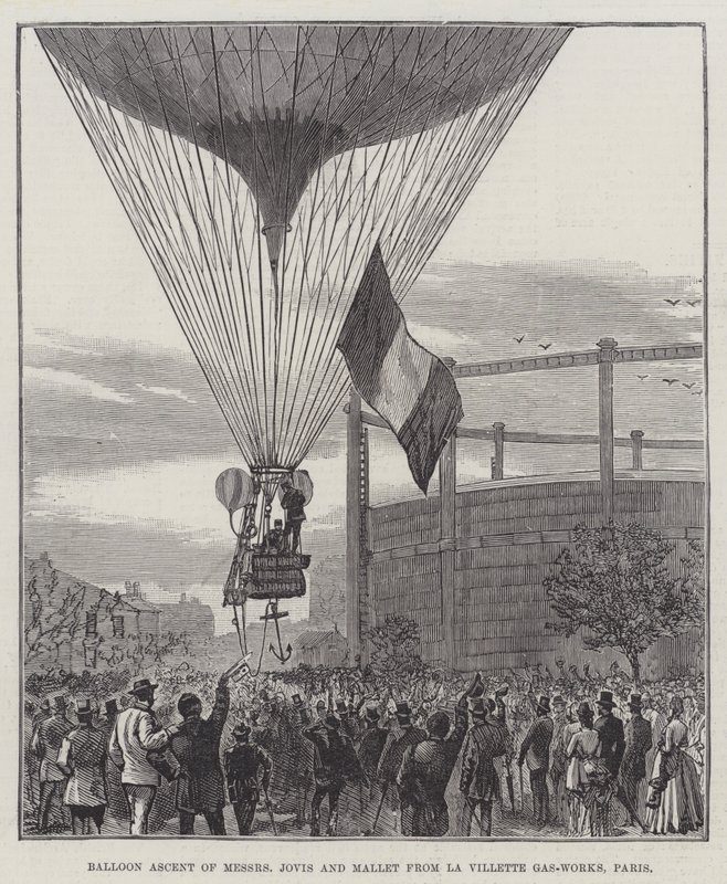 Balloon Ascent of Messers Jovis and Mallet from La Villette Gas-Works, Paris by English School