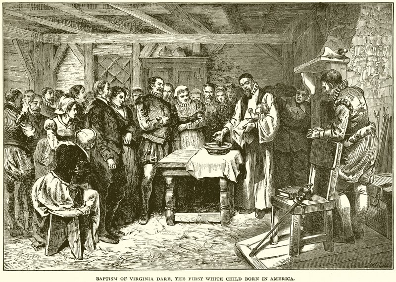 Baptism of Virginia, the First White Child Born in America by English School