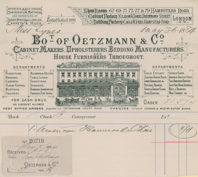 Bill from Oetzmann & Co, Cabinet Makers, Upholsterers, Bedding Manufacturers and House Furnishers by English School