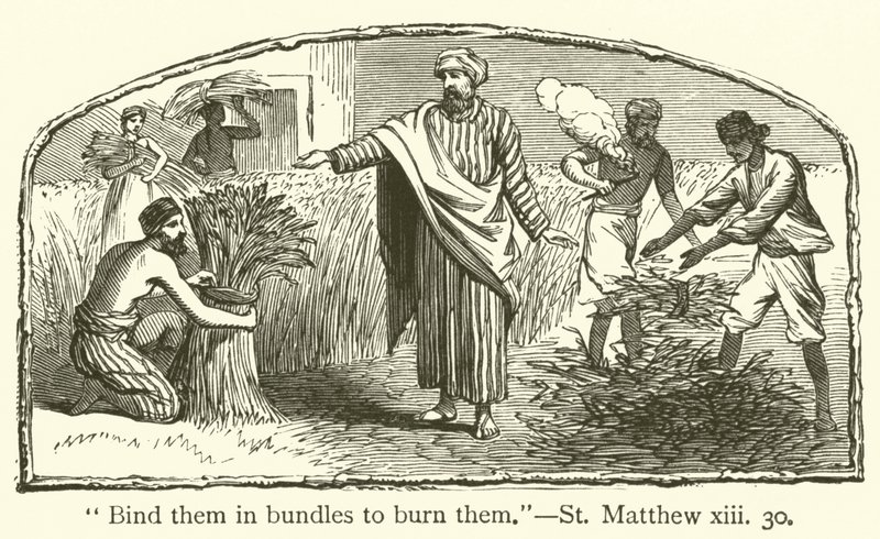 Bind them in bundles to burn them, St Matthew, xiii, 30 by English School