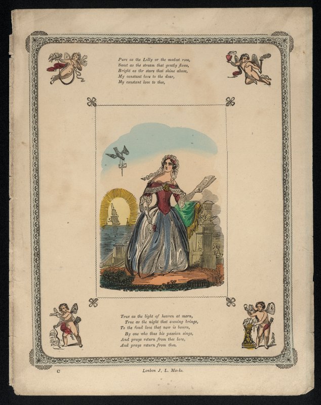 Bird delivering a love letter to a woman, love poem by English School