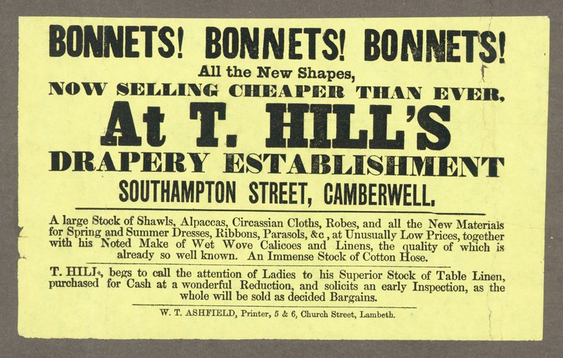Bonnets! Bonnets! Bonnets! at T Hills, Southampton Street, Camberwell, London by English School