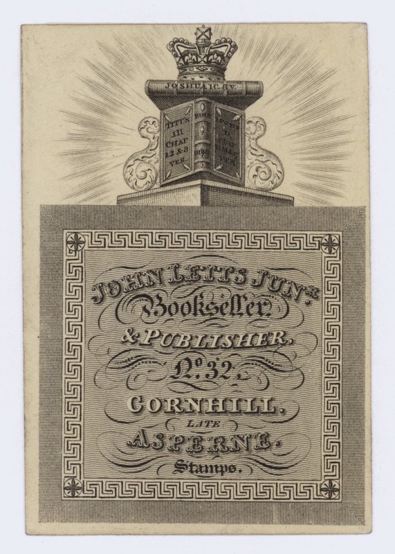 John Letts Junior Bookseller and Publisher, trade card by English School