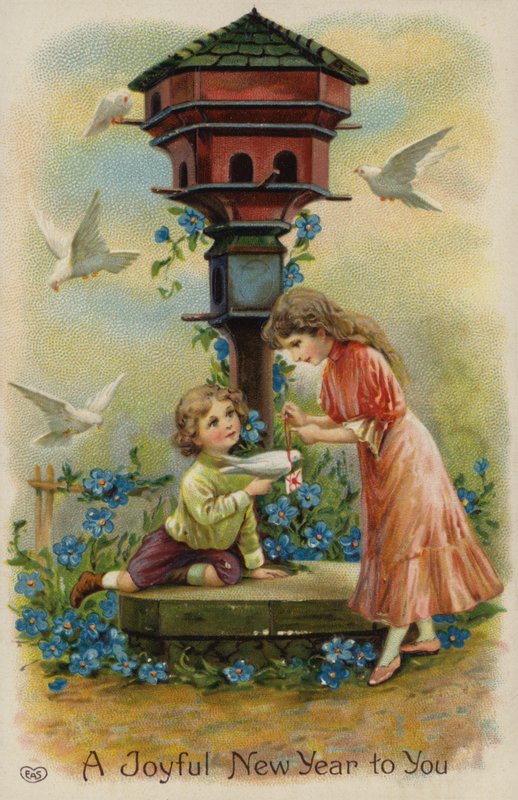 Boy and Girl Sending Christmas Greetings by Dove by English School