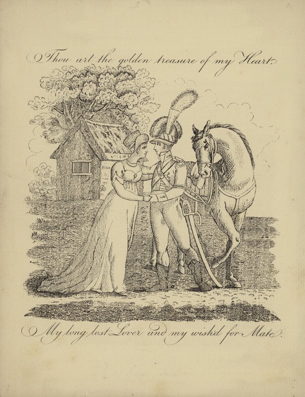 Valentine card with an image of a soldier and a woman by English School