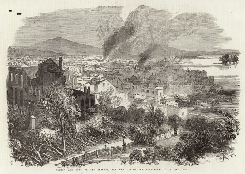 Canton and Part of the Suburbs, Sketched During the Conflagration in the City by English School