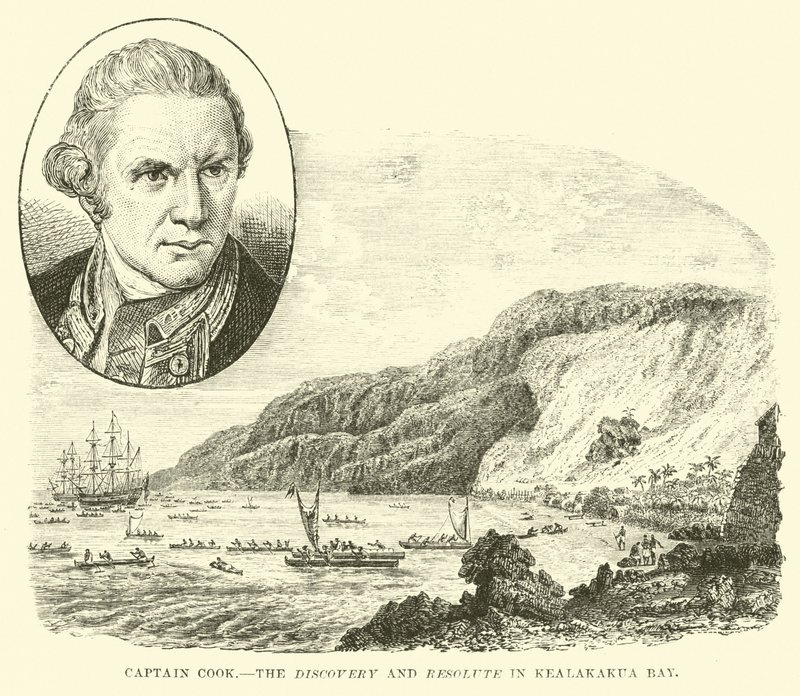 Captain Cook, the Discovery and Resolute in Kealakakua Bay by English School
