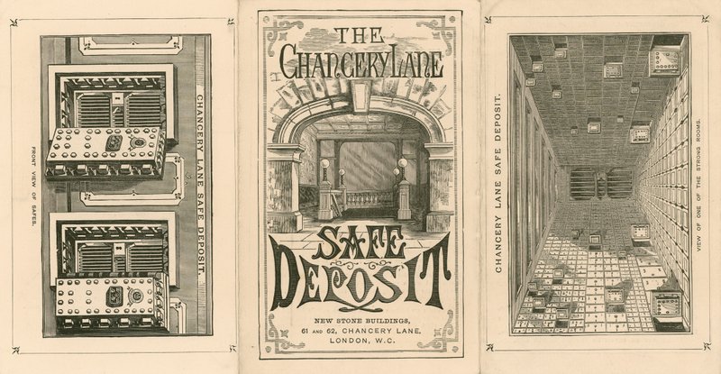 Card Advertising the Chancery Lane Safe Deposit, 61-62 Chancery Lane, London by English School