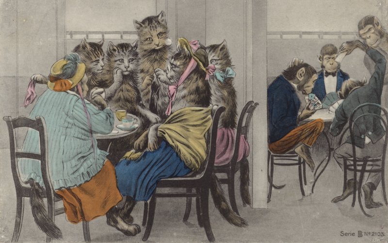 Cats Drinking Tea and Monkeys Playing Cards by English School